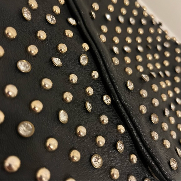RHINESTONE + STUD BLACK LEATHER OVERSIZE CLUTCH - Picture 4 of 8
